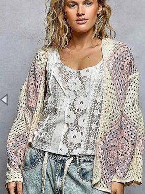 POL Crochet Cardi Cream & Pink